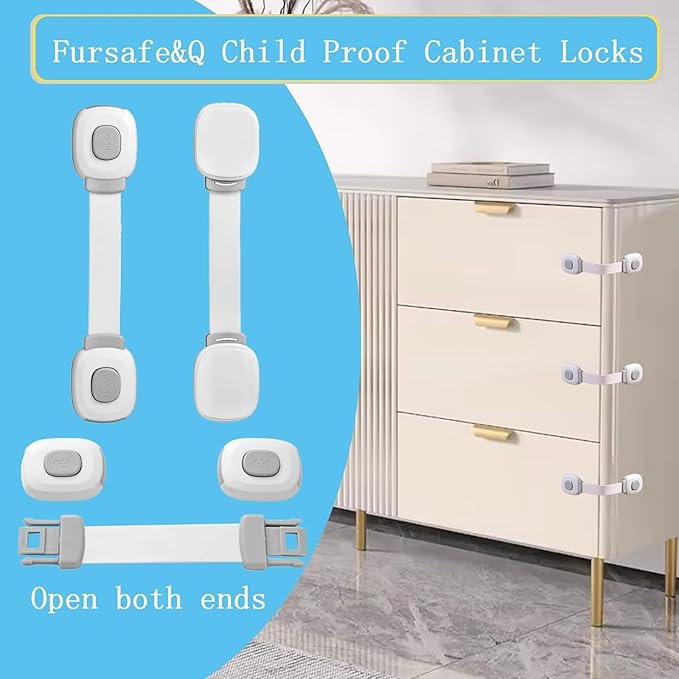Fursafe&Q Baby Cabinet Locks, Child Safety Cabinet Proofing -Child Safety Strap Locks Adhesive Drawer Fridge Ovens Door Toilet Latches No Drill Multi-Purpose for Furniture Kitchen Lock (ZGrey, 12Pack)