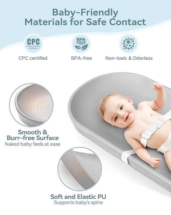 COMOMY Baby Changing Pad for Dresser - Wipeable Changing Pad with Restraining Belt, Waterproof, Soft, Lightweight and Portable, Easy to Clean for On The Go Diaper Change, Light Grey