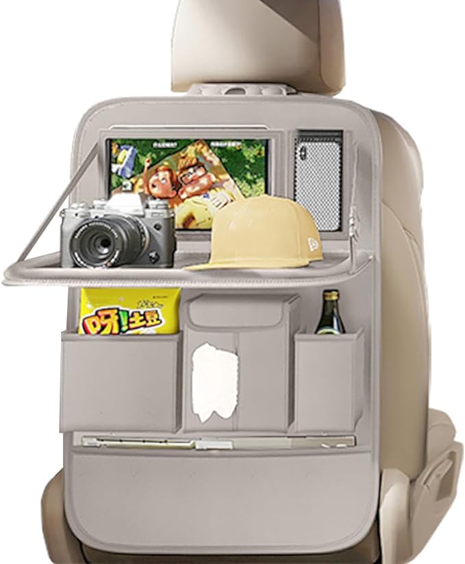 Car Seat Organizers,Multi-functional Back Seat Protectors, Storage Pouches, and Tray Holders (for Cars, Kids, Seat Back and Rear Seats) (Plain Gray, 1 Pcs)