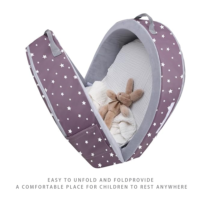 Mooedcoe Portable Foldable Toddler Travel Bed with Sides, Folding Toddler Bed for Travel Kid Foam Sleeping Cot for Children 18M – 5yr Old (Round, Star)