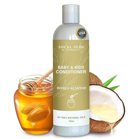 SoCal Suds & Company Organic Baby & Kids Conditioner – Moisturizing Formula with Natural Honey Almond Scent, Gentle & Nourishing, All Hair Types, Non-Greasy, Ideal for Sensitive Scalps, 12oz