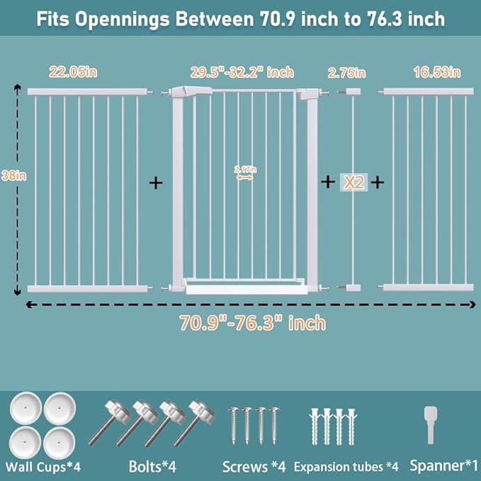 Fairy Baby 38" Extra Tall Pet Gate for Stairs,70.9"-76.3" Extra Wide Long Dog Gate for The House, Metal Auto Close Pressure Mounted Safety Child Gate, Tension Baby Gate Fence Barrier No Climb, White