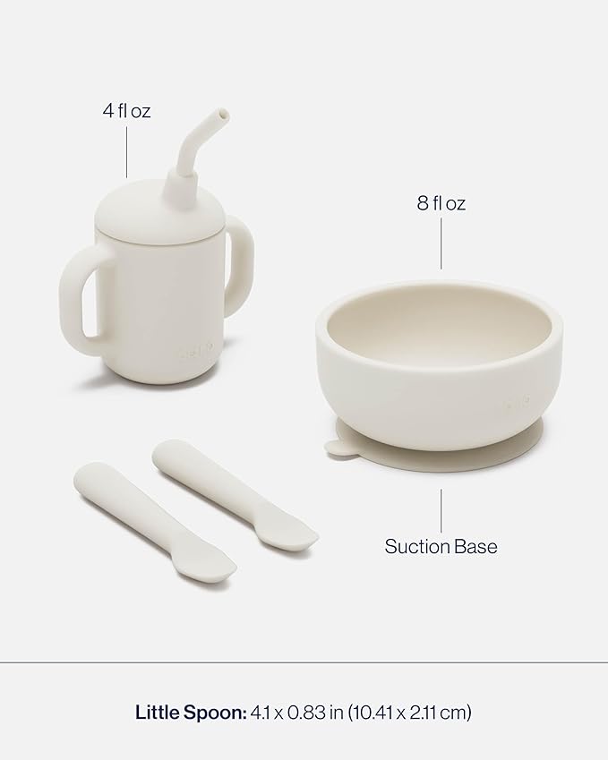 Lalo First Bites Silicone Baby Feeding Set - Baby Led Weaning Supplies - Non-Toxic Silicone - Includes 2 Spoons, Training Cup, & Suction Bowl - 4 Pieces - Oatmeal
