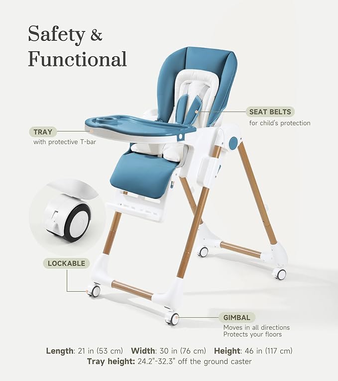 Mallify Foldable High Chairs for Babies and Toddlers, 3-in-1 Convertible Baby High Chair with Removable Soft Cushion and Tray, Adjustable Height & Recline, Lockable Wheels, Dark Blue