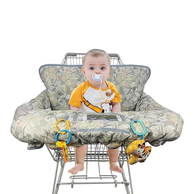 Shopping Cart Cover for Baby boy Girl, Multi-in-1 Cart Covers for Babies, Soft Padded Infant High Chair Cover, Machine Washable, Grocery cart seat Cushion Cover Grey Leaves