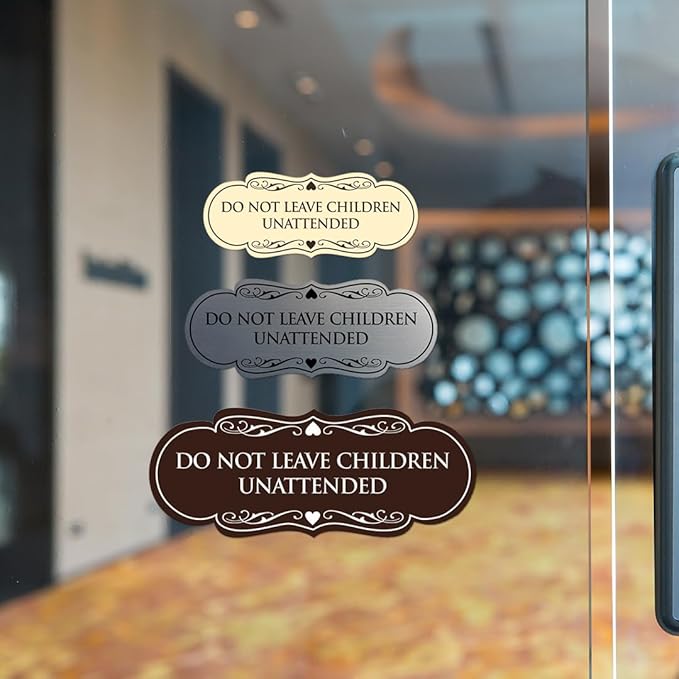 Signs ByLITA Designer Do Not Leave Children Unattended Sign(Walnut) - Medium 2 Pack