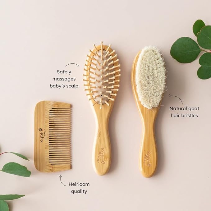 Kyte BABY Bamboo 3-Piece Brush Set - 1 Goat Hair Brush, 1 Wooden Bristle Brush and 1 Bamboo Comb