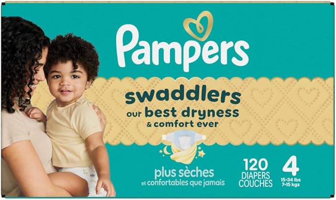 Pampers Swaddlers Diapers, Size 4 (15-34 lbs), 120 Count, Absorbent, Keeps Baby Dry and Comfortable, Skin Safe Disposable Baby Diaper (Packaging May Vary)