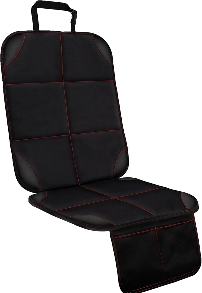 SMART ELF Car Seat Protector for Child Car Seat, 1Pack Car Baby Seat Protector with red line Design, Car Seat Mat with Non-Slip Bottom and 2 mesh Storage Pockets, Suit for Sedan, SUV, Trucks (Black)