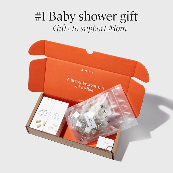 ANYA New Mom Breastfeeding Essentials Kit for Postpartum Recovery | Baby Registry Gift Set | Wellness Care Package with Postnatal Multivitamin, Omega-3, Organic Lactation Tea & Organic Nipple Balm
