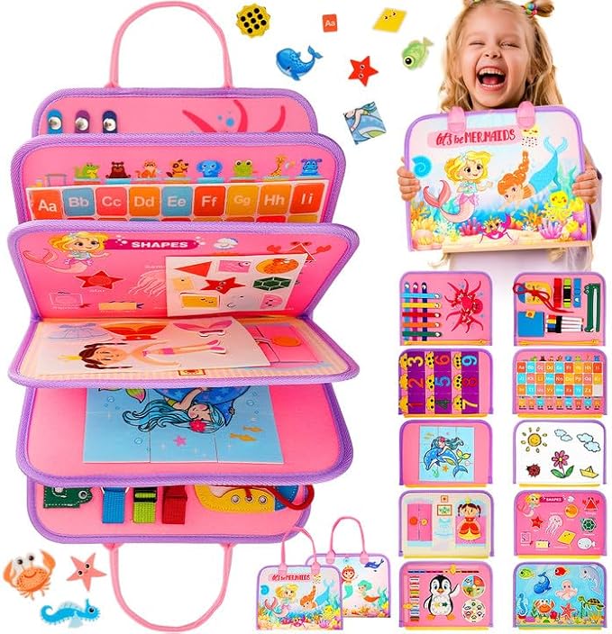 Toddler Busy Board, Montessori Toys for 1 2 3 Year Old Girl Birthday Gifts - Educational Busy Book, Kids Sensory Toy, Preschool Learning Activities and Travel Toys for Toddlers 1-3 2-4