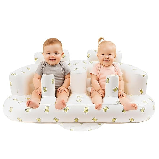 Baby Inflatable Seat for Twins Babies 3 Month and Up, Side-by-Side Double Inflatable Floor Chair for Sitting Up with Built in Air Pump, Blow Up Baby Chair for Infants - Twins Bear