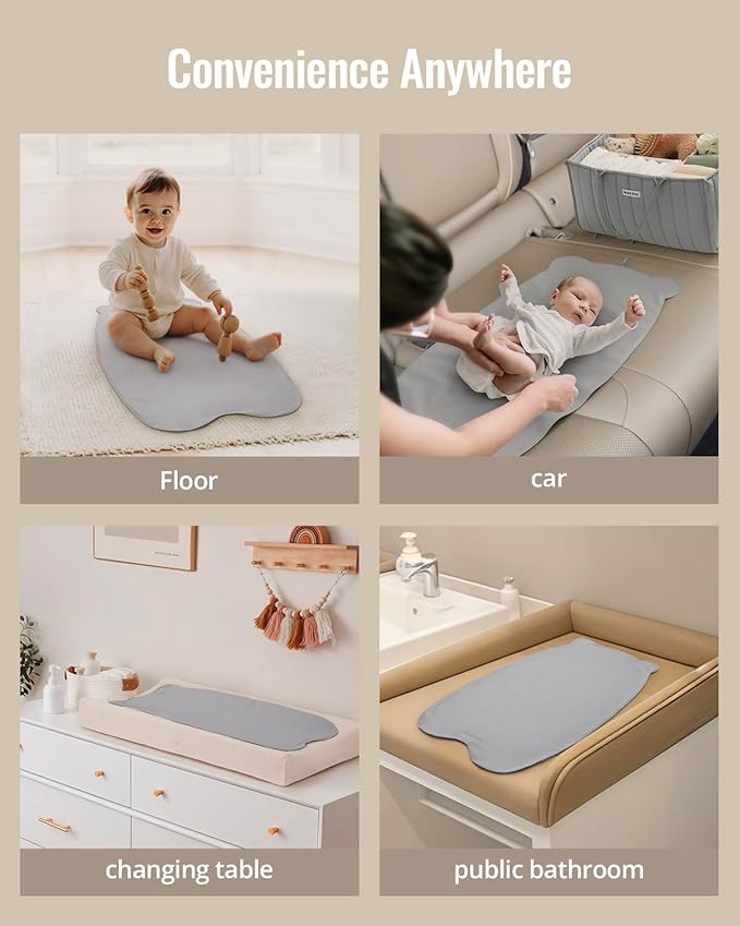 Blissful Diary Vegan Leather Portable Changing Pad, Wipeable & Waterproof Baby Change Mat in Diaper Bag, Travel Essential & Registry Gift, Light Gray