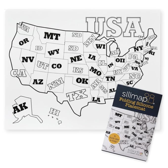 Reusable Silicone Toddler Placemat for Dining Table and Travel, a Foldable, Non-Slip Kids Learning Mat with USA Map, Easy to Clean BPA Free Feeding Essential by a Mom Founded Brand
