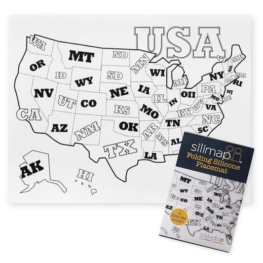 Reusable Silicone Toddler Placemat for Dining Table and Travel, a Foldable, Non-Slip Kids Learning Mat with USA Map, Easy to Clean BPA Free Feeding Essential by a Mom Founded Brand