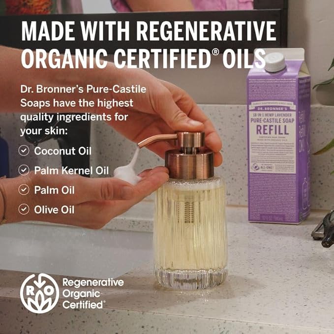 Dr. Bronner's Pure-Castile Liquid Magic Soap Bottle & Refill Carton - Made with Regenerative Organic Certified Oils, 86% Less Plastic per Quart - For Face, Body Wash, Hand Soap Refill- Lavender, 32oz