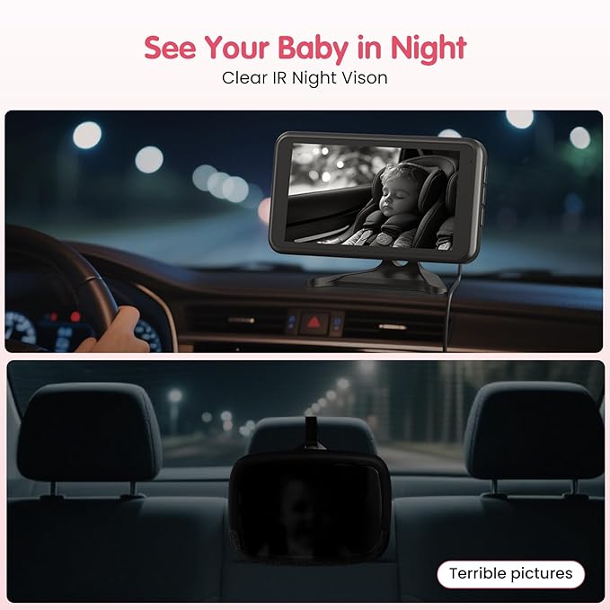 BM2A Baby Car Camera, 3X Zoom & 5.2" 1080P Display for Rear-Facing Car Seats, IR Night Vision, Easy No-Damage Install – Ideal Car Baby Camera for Parents and Pet Owners