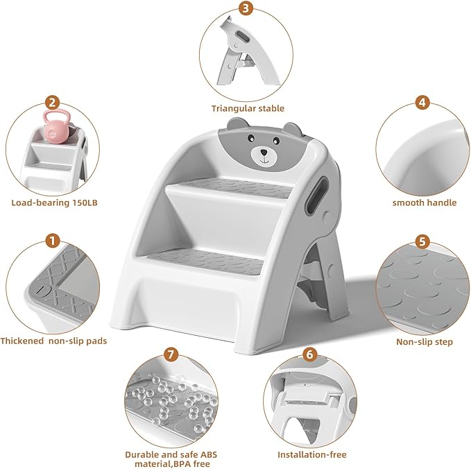 TPN Toddler Step Stool for Bathroom Sink and Potty Training Durable Anti-Slip,Anti-Tip A-Frame,10-Second Assembly, 2-Step Potty Stool with Wide Steps (Gray)