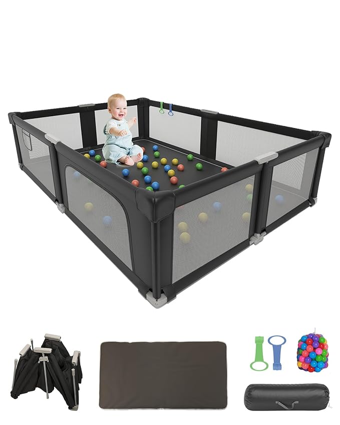 Foldable Playpen for Babies and Toddlers with Mat, 73" x 61" Playard for Indoor & Outdoor, Baby Play Pen with Soft Breathable Mesh, Pull-Link and Ocean Balls, Black