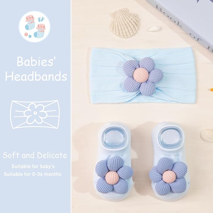 CÉLLOT Baby Girl Headband and Socks, Non-Slip Floral Socks and Soft Floral Nylon Hairbands for Babies Infants and Toddlers(White,Blue,Black)