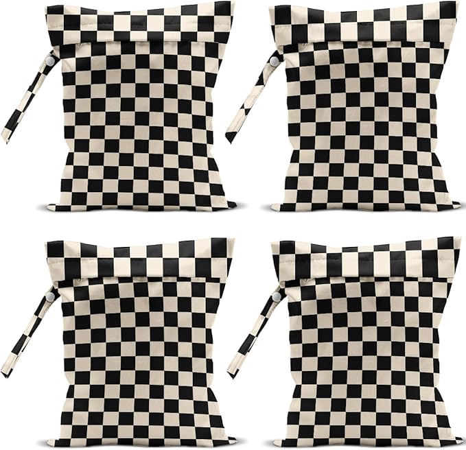 4 Pack Cute Wet Bag Waterproof Washable Reusable Wet Dry Bag for Swimsuit Clothes Cloth Diaper Travel Beach Pool Yoga Gym Halloween Party Camping Toiletries Travel Beach Essentials, Black Checkered