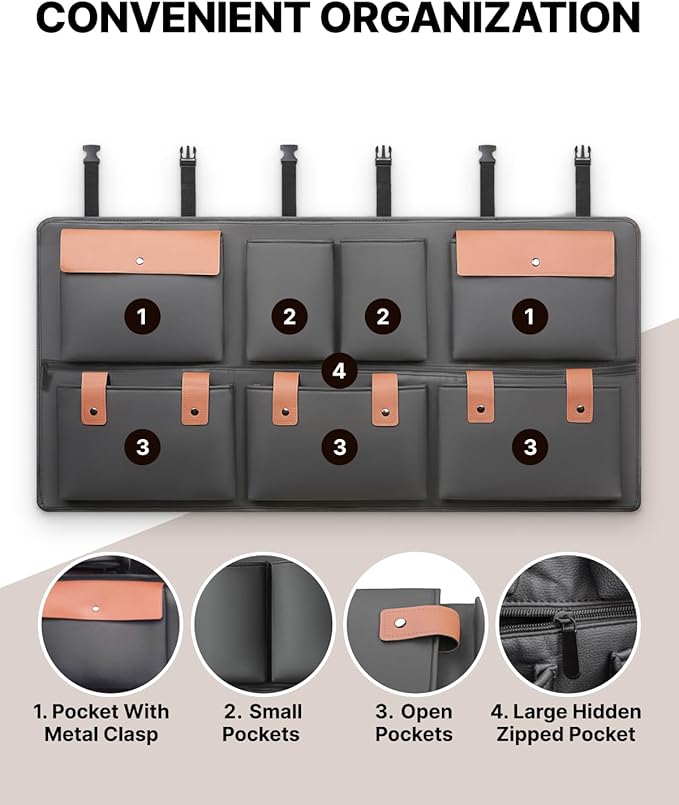 Owleys Hanging Car Trunk Organizer | Eco Leather Back Seat Storage 39"x19" | 8 Pockets with Zipper Compartment | Waterproof Cargo Holder for SUV & Sedan | Black&Brown