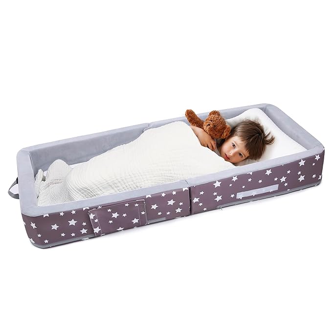 Mooedcoe Foldable Toddler Floor Bed with Sides, Folding Toddler Bed for Travel Kid Foam Sleeping Cot (Star), Grey