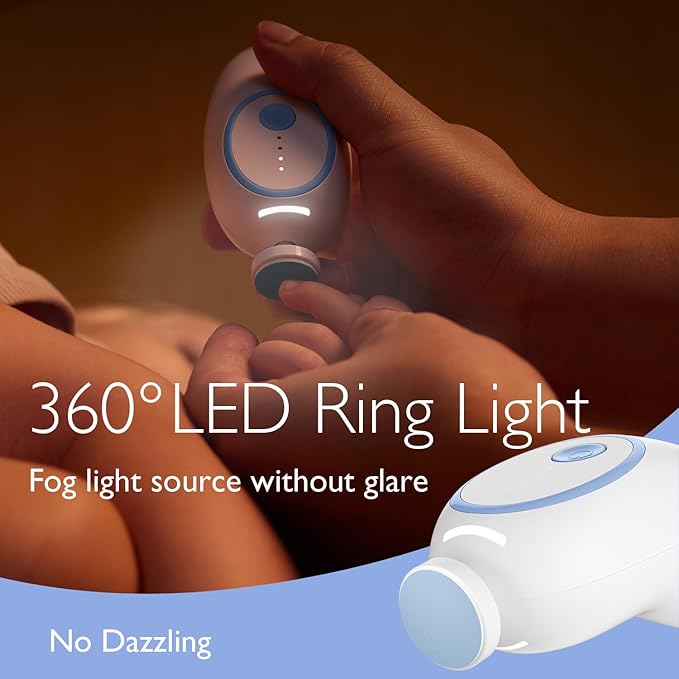 Momcozy Baby Nail File Electric, Gentle Baby Nail Trimmer Electric, Baby Nail Clipper with Night Light, 7 Grinding Head Replacement Pads, Blue