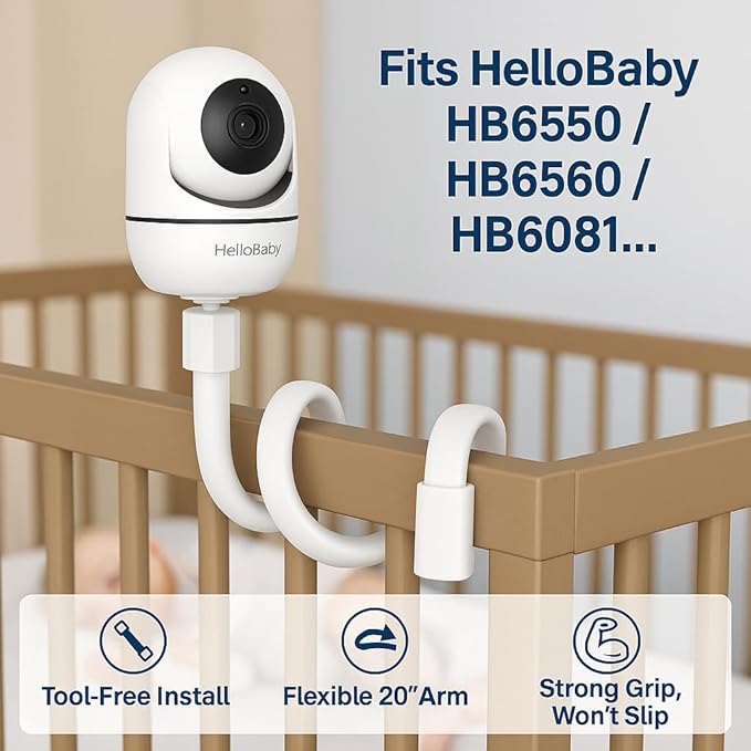 HelloBaby Baby Monitor Mount for HB6550/ Pro/ HB6560/ HB6240/ HB65/ HB6351/ HB6339/ HB66, 20 Inch Flexible Arm Bracket, Sturdy Camera Holder Attaches to Crib Cot Shelves, No Tools or Wall Damage