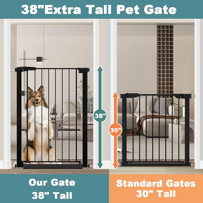 38.5" Extra Tall Dog Gate 76.38"-79.13" Wide - Long Large Pressure Mounted Baby Gates with Door for The House Stairs Doorways - Walk Through Toddler Puppy Pet Safety Fence Gate Black