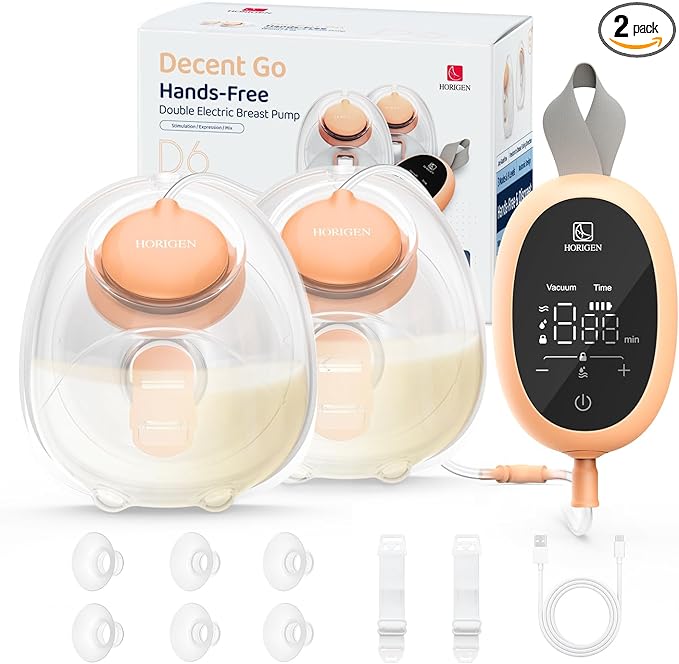 Wearable Hands Free Breast Pump D6, Portable Breastfeeding Pumps with 3 Modes & 9 Levels, Strong Suction Discreet Low Noise Electric Breast Milk Pump, 15-25mm Double-Sealed Flange