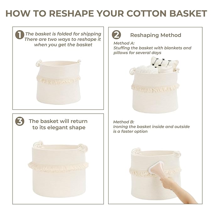 CherryNow Large Woven Storage Baskets – 16'' x 13'' Cotton Rope Decorative Hamper for Nursery, Toys, Blankets, and Laundry, Cute Tassel Nursery Decor - Home Storage Container Off-white