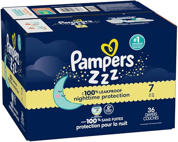 Pampers ZZZ Overnight Diapers, Size 7 (41+ lbs), 36 Count, Nighttime Protection Disposable Baby Diaper, Night Time Leak and Skin Protection