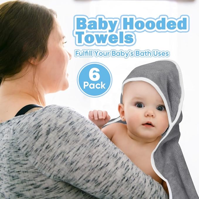 Orighty 6 Pack Baby Hooded Towel 30 x 30 Inch Super Soft Bath Towel with Hood for Babies, Infant, Newborn Essential - Ideal Baby Stuff Registry Gift for Boys and Girls (Grey, White, Blue)
