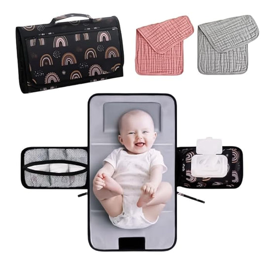 Portable Diaper Changing Station, Expandable Baby Diaper Bag, Compact Diaper Changing Travel Bag with Wet Wipe Pocket, Waterproof Baby Travel Station Set with 2 Bibs (Black)