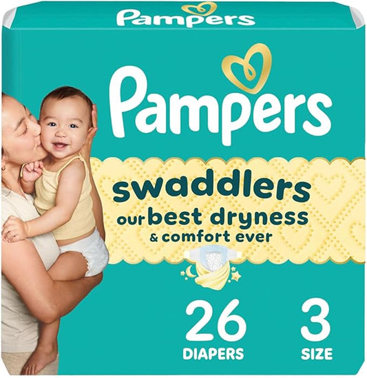 Pampers Swaddlers Diapers, Size 3 (13-26 lbs), 26 Count, Absorbent, Keeps Baby Dry and Comfortable, Skin Safe Disposable Baby Diaper (Packaging May Vary)