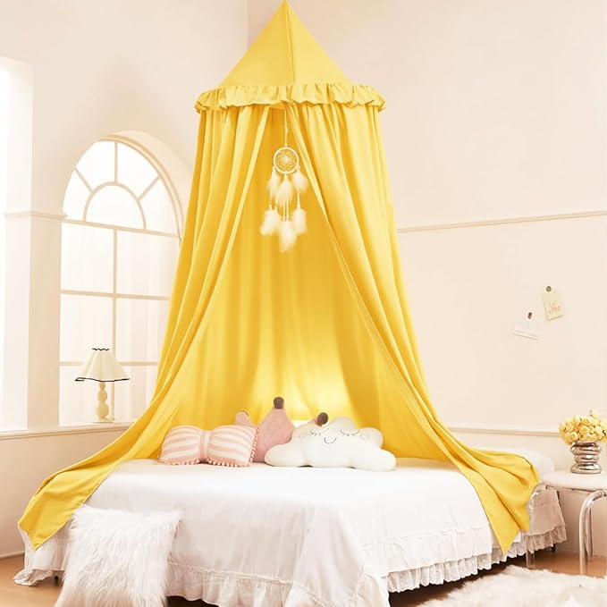 Akiky Kids Bed Canopy for Crib & Twin Size with Ruffles Dreamcatcher, Boys Princess Girls Nursery Room Decor Toddler Baby Dome Round Hanging Tent Curtains Skirt Over Bed Reading Nook Play Yellow