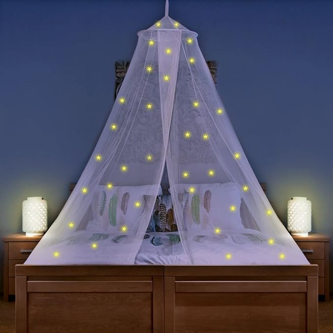 Canopy for Girls Bed with Pre-Glued Glow in The Dark Stars - Princess Mosquito Net Room Decor - Kids & Baby Bedroom Tent with Galaxy Lights - 1 Opening Canopy Bed & Hanging Kit Included