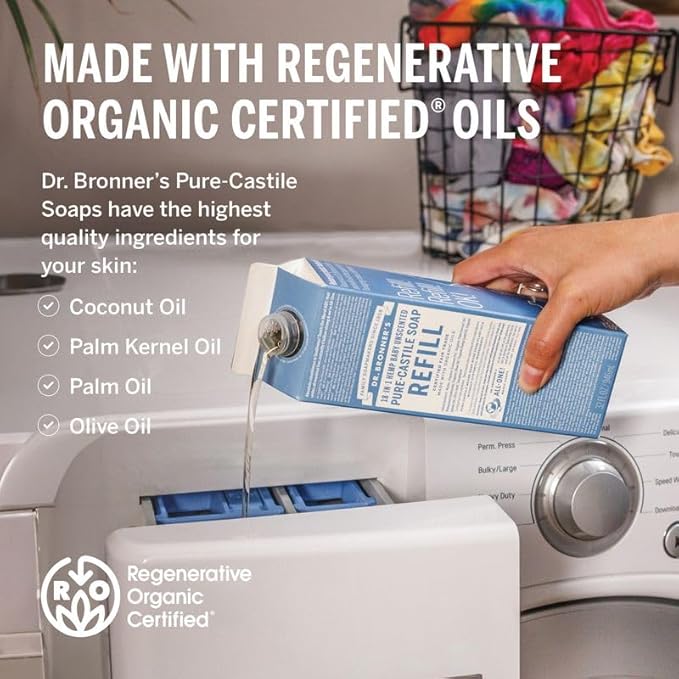 Dr. Bronner's Pure-Castile Liquid Magic Soap Bottle & Refill Carton - Made with Regenerative Organic Certified Oils- 18-in-1 Uses for Face, Body Wash, Hand Soap Refill- Baby Unscented, 32 oz