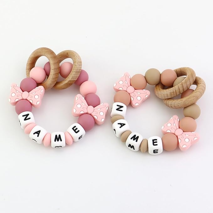 Customized Wooden Baby Rattle, Handcrafted Rattles with Wooden Teething Ring, Personalized Halloween Christmas Newborn Toy Animal Organic Rattle Baby Photography Ideas Props