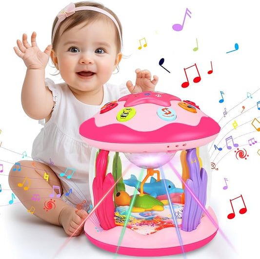 Baby Girl Toys 6-12 Months: Babies Ocean Rotating Light Up Musical Toys 12-18 Months Crawling Learning Infant Toy for Toddlers 1 2 3 Years Old Baby Girl (Pink)