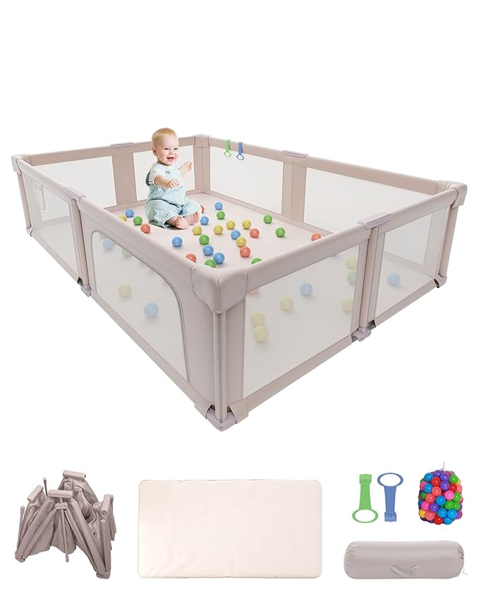 Foldable Playpen with Mat for Babies and Toddlers, 73" x 61" Baby Play Pen for Indoor & Outdoor, Playard with Soft Breathable Mesh, Pull-Link and Ocean Balls, Pink