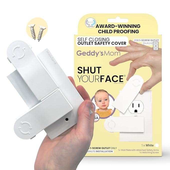 Geddy's Mom Shut Your Face Self-Closing Outlet Cover Plate System – Child Safety, Automatic Protection for 1-Screw Duplex Outlets, Easy Install, Award-Winning Baby Proofing Solution