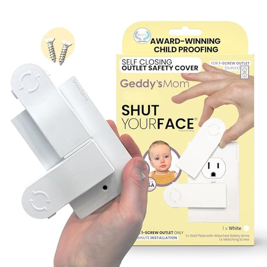 Geddy's Mom Shut Your Face Self-Closing Outlet Cover Plate System – Child Safety, Automatic Protection for 1-Screw Duplex Outlets, Easy Install, Award-Winning Baby Proofing Solution