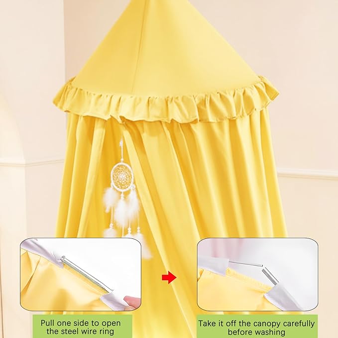 Akiky Kids Bed Canopy for Crib & Twin Size with Ruffles Dreamcatcher, Boys Princess Girls Nursery Room Decor Toddler Baby Dome Round Hanging Tent Curtains Skirt Over Bed Reading Nook Play Yellow
