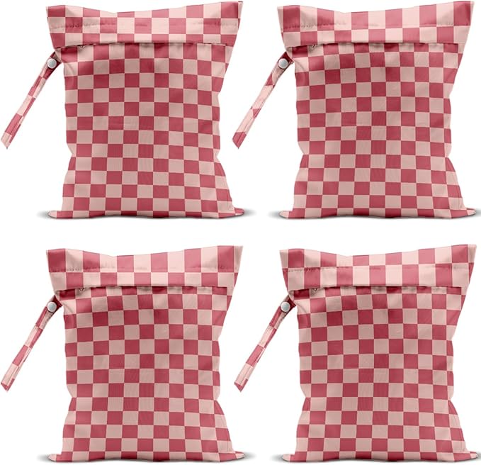 4 Pack Cute Wet Bag Waterproof Washable Reusable Wet Dry Bag for Swimsuit Clothes Cloth Diaper Travel Beach Pool Yoga Gym Birthday Party Camping Toiletries Travel Beach Essentials, Pink Checkered