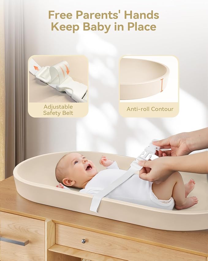 COMOMY Baby Changing Pad for Dresser - Wipeable Changing Pad with Restraining Belt, Waterproof, Soft, Lightweight and Portable, Easy to Clean for On The Go Diaper Change, Oatmeal-Colored
