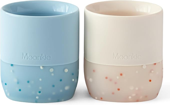 Moonkie Silicone Baby Cups 4 Months+ | Tiny Open Training Cups for Infants with Confetti Sprinkles | Baby-Led Weaning Essential | 2 oz (Ether/Ivory, 2 Pack)