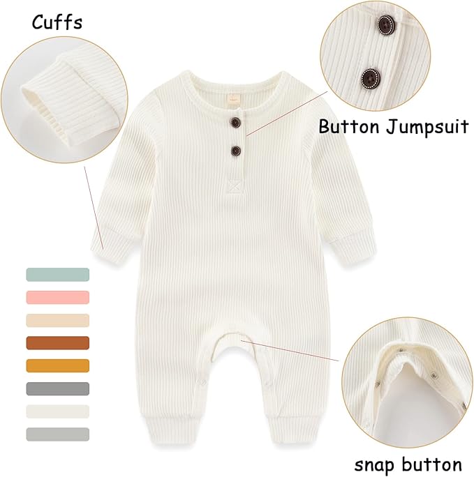 Newborn Baby Boys Girls One Piece Romper With Mitten Cuffs 3 Pack Long Sleeve Ribbed Button Jumpsuit Outfit Clothes