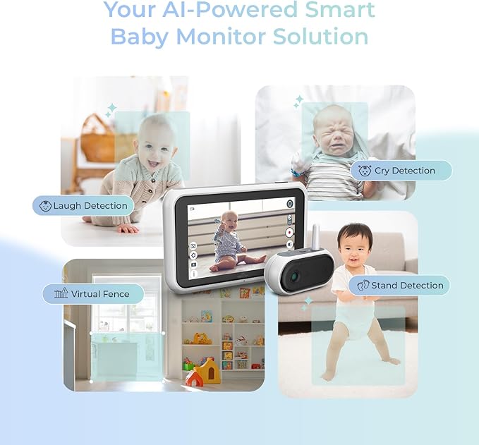 Tiny Traveler Ai Smart Wireless Baby Car Monitor with Travel Kit - AI-Powered Safety Alerts: Cry/Laugh/Stand Detection, Virtual Fence, Long Range 1000ft Night Vision Lullabies Night Light - White